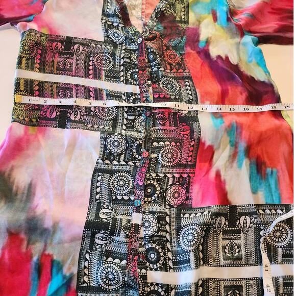 Johnny Was Multicolored Buttoned Silk Tunic size XS Oversized Patchwork Design - Picture 8 of 10